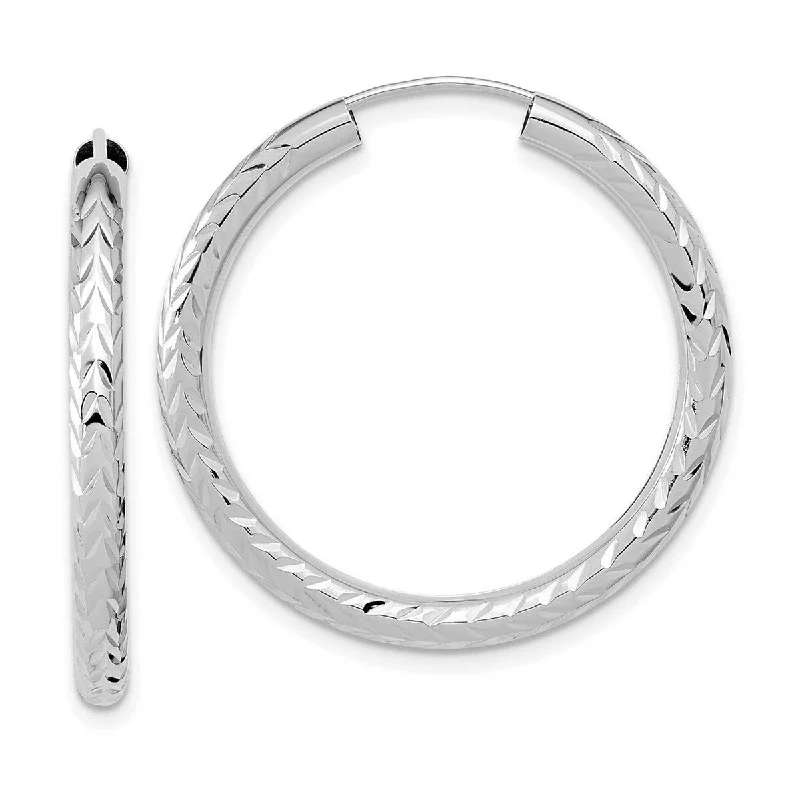 Curata 14k White Gold Polished and Sparkle Cut Endless Hoop Earrings - 30x30mm Wide 3mm Thick