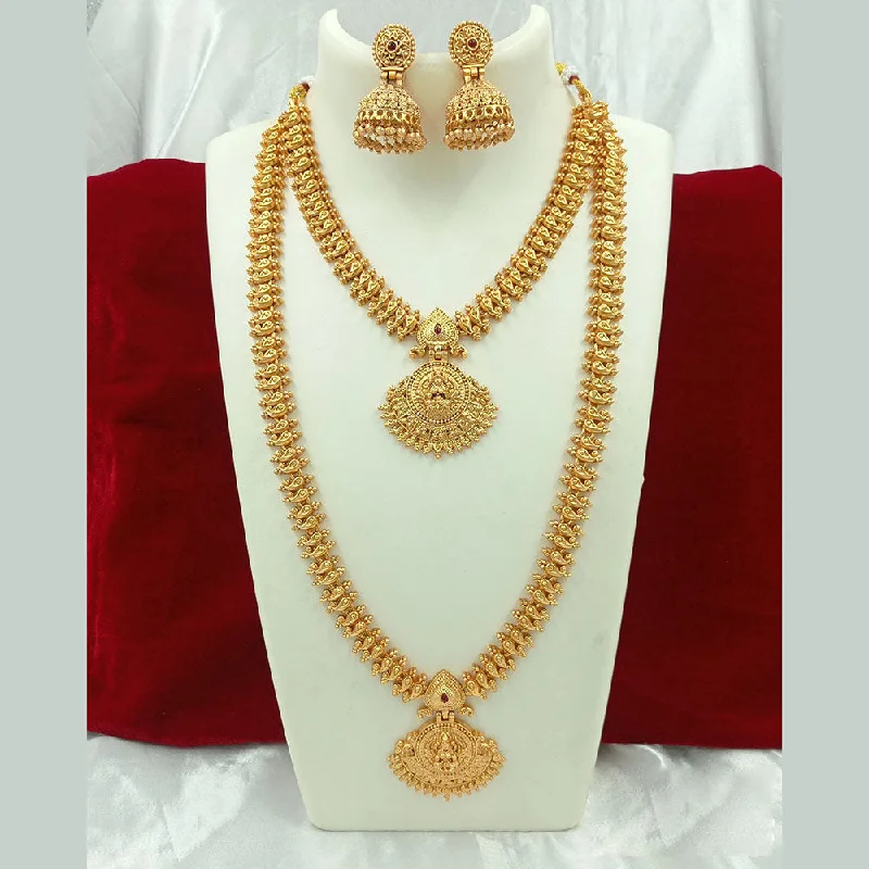 Joyful Jewel Art Matte Gold Plated Pota Stone And Temple Double Necklace Set