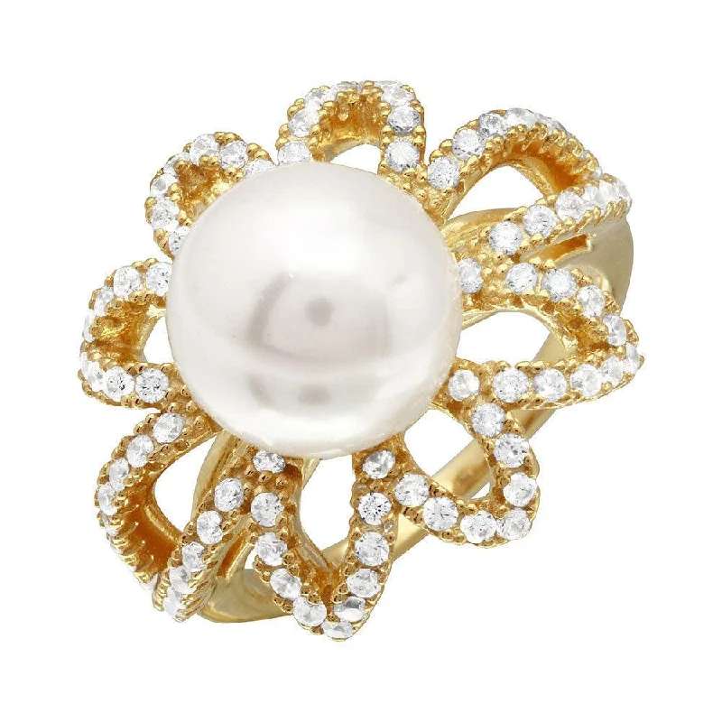 Gold Plated 925 Sterling Silver Open CZ Flower Ring with Synthetic Center Pearl - BGR01096