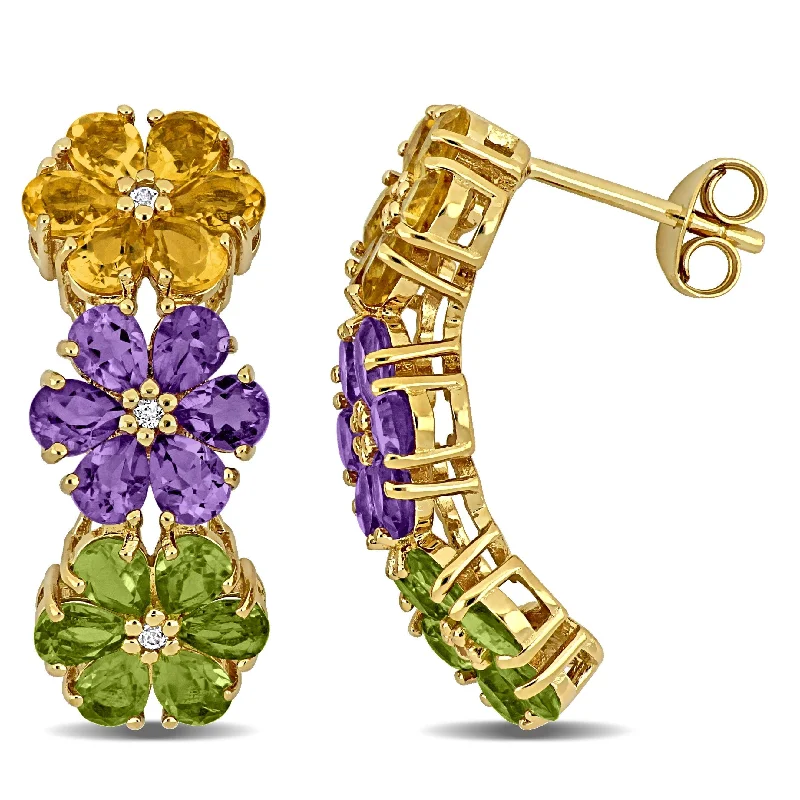 Miadora Yellow Sterling Silver 5 1/3ct TGW Amethyst Citrine Peridot White Topaz Flower Earrings