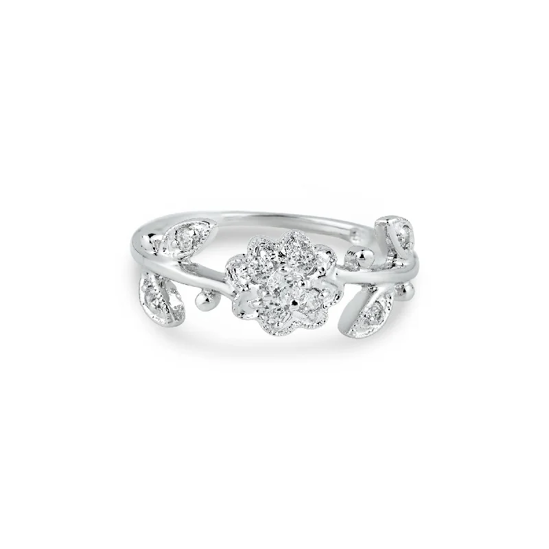 Silver 925 Rhodium Plated Clear CZ Flower Ring - BGR00047