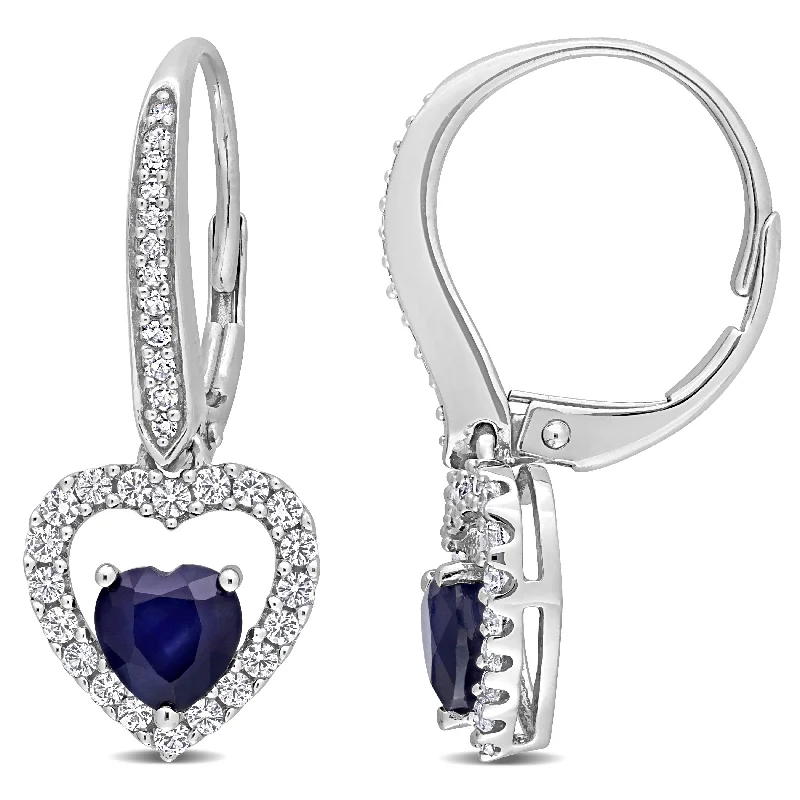 Miadora Heart-cut Blue and White Sapphire & 1/10ct TDW Diamond Halo Drop Earrings in 14k White Gold