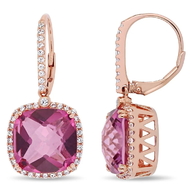 Miadora Rose Plated Sterling Silver Pink Topaz and White Sapphire Halo Leverback Drop Earrings