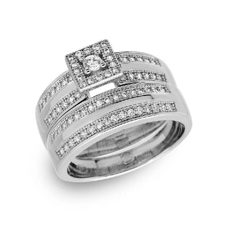 Silver 925 Rhodium Plated Round Square Center Trio Bridal Ring - GMR00148