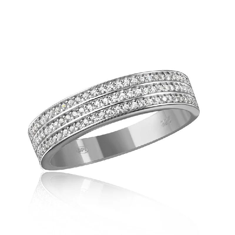 Mens Sterling Silver 925 Rhodium Plated Muiti Row Clear CZ Band - GMR00123