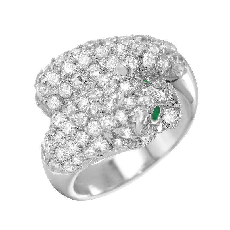 Silver 925 Rhodium Plated Green and Clear Pave Set CZ Jaguar Ring - BGR00006