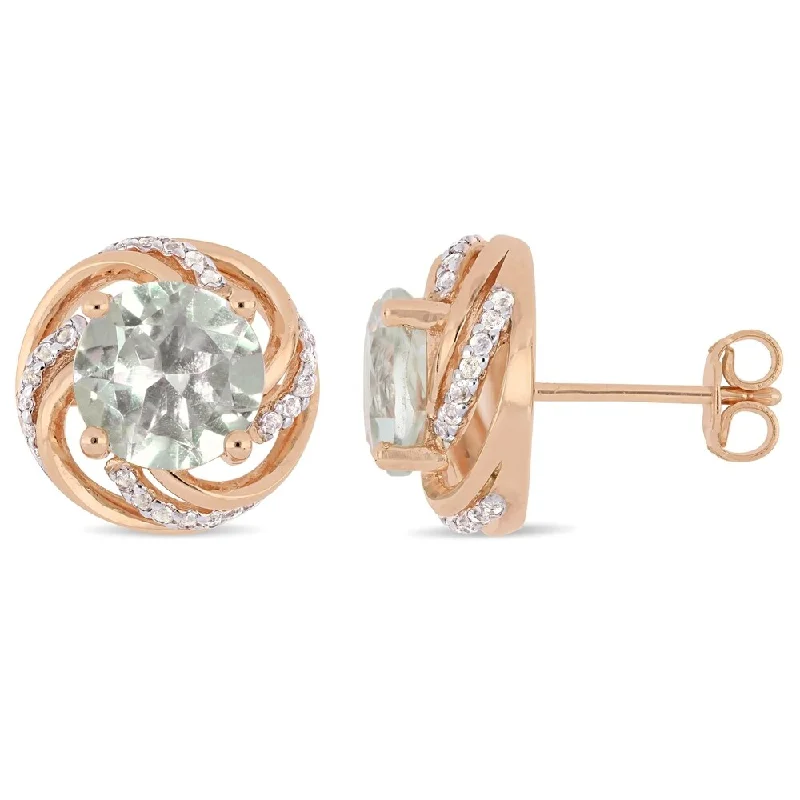 Miadora Rose Plated Sterling Silver Green Amethyst & White Topaz Swirl Halo Earrings