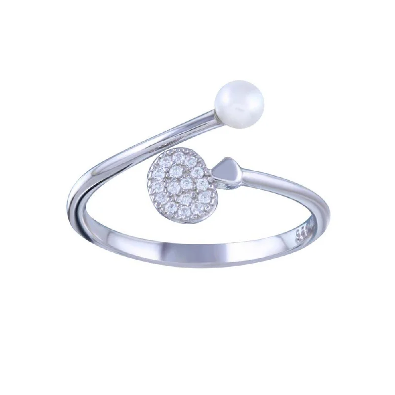 Rhodium Plated 925 Sterling Silver Synthetic Pearl Disc CZ Open Ring - STR01152