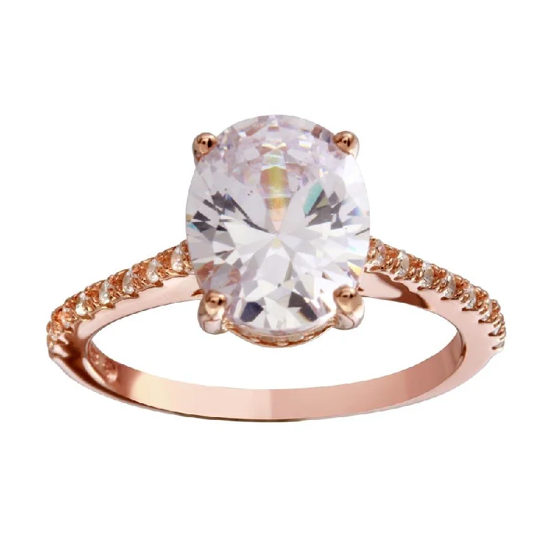 Rose Gold Plated 925 Sterling Silver Oval Solitaire CZ Band Ring - BGR01184RGP