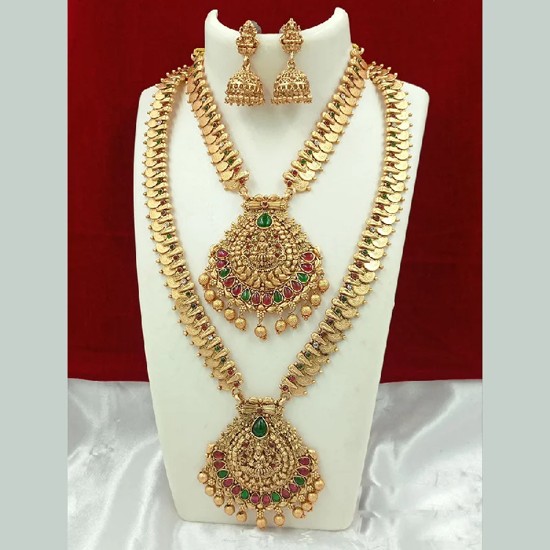 Joyful Jewel Art Matte Gold Plated Kundan Stone And Temple Double Necklace Set