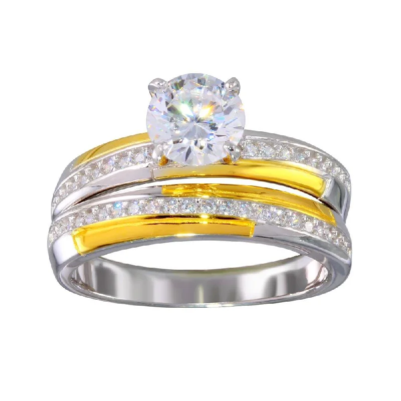 Two-Tone 925 Sterling Silver Gold and Rhodium Plated Stackable Double Rings with CZ - GMR00262RG