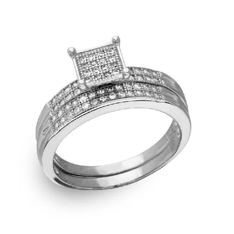 Silver 925 Rhodium Plated Square Pave Center Trio Bridal Ring - GMR00170