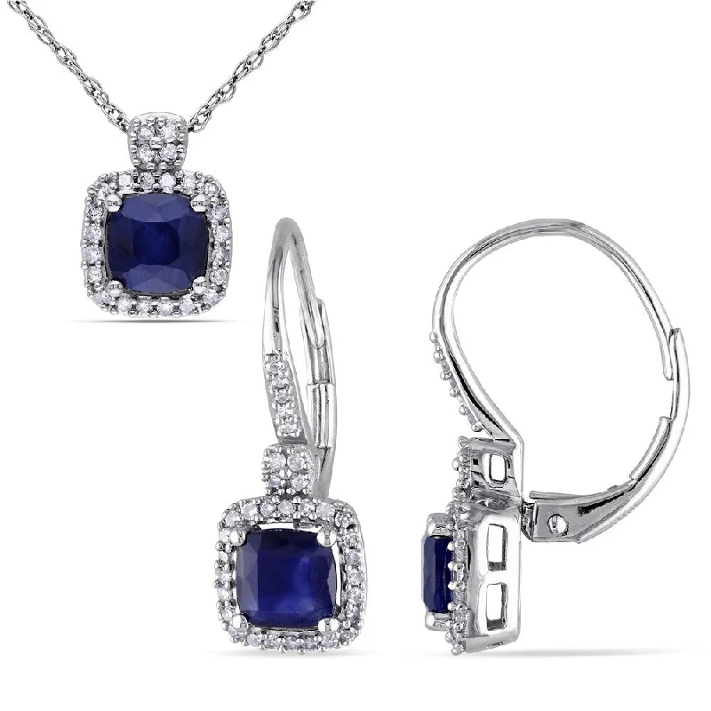 Miadora Signature Collection 10k White Gold Diffused Sapphire 1/3ct TDW Diamond Leverback Earrings and Necklace Set (G-H,I1-I2)