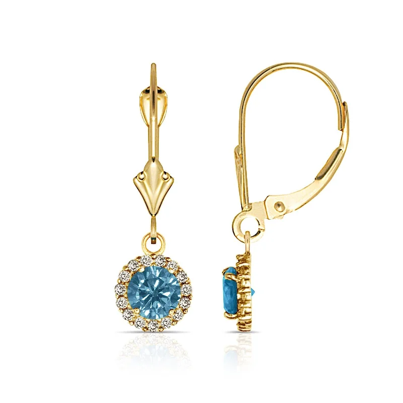 Curata Solid 14k Yellow Gold Birthstone Round Cubic Zirconia Halo Dangle Leverback Earrings (6mm x 24mm)