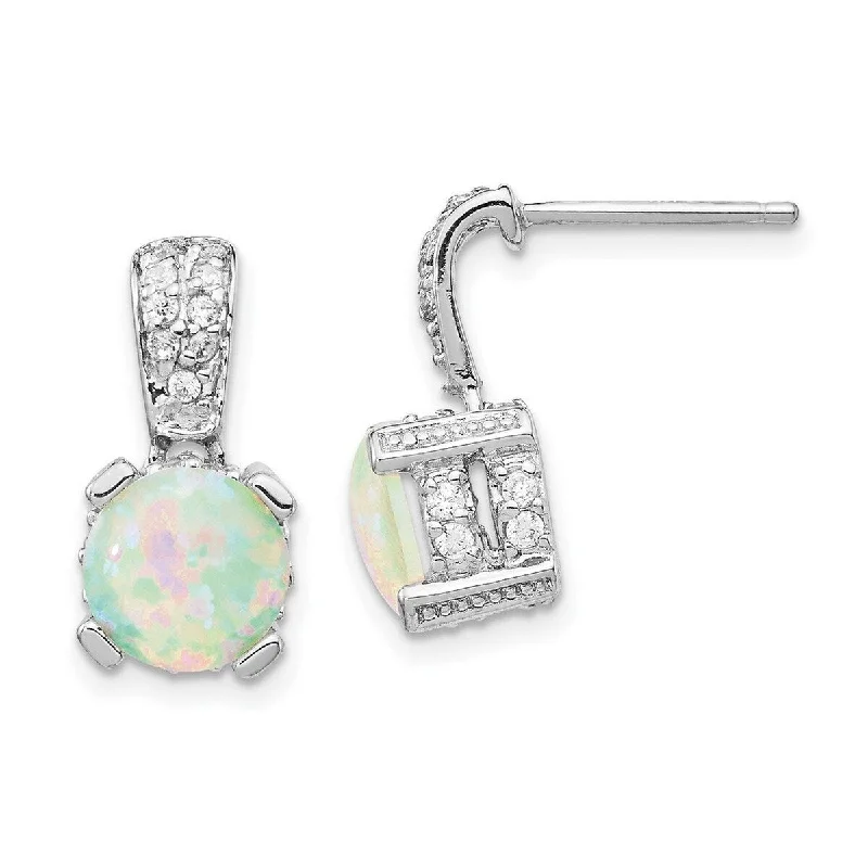 Curata 925 Sterling Silver 8mm Simulated Opal Cabochon and Cubic Zirconia Dangle Post Earrings