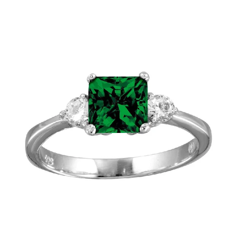 Rhodium Plated 925 Sterling Silver Green CZ Center Stone Ring - BGR01138GRN