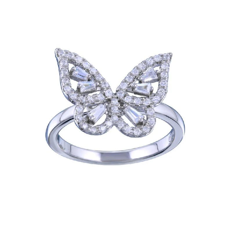 Rhodium Plated 925 Sterling Silver Outline Clear CZ Butterfly Ring - BGR01340