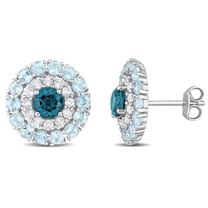 Miadora London Blue Topaz Sky Blue Topaz and White Topaz Halo Stud Earrings in Sterling Silver