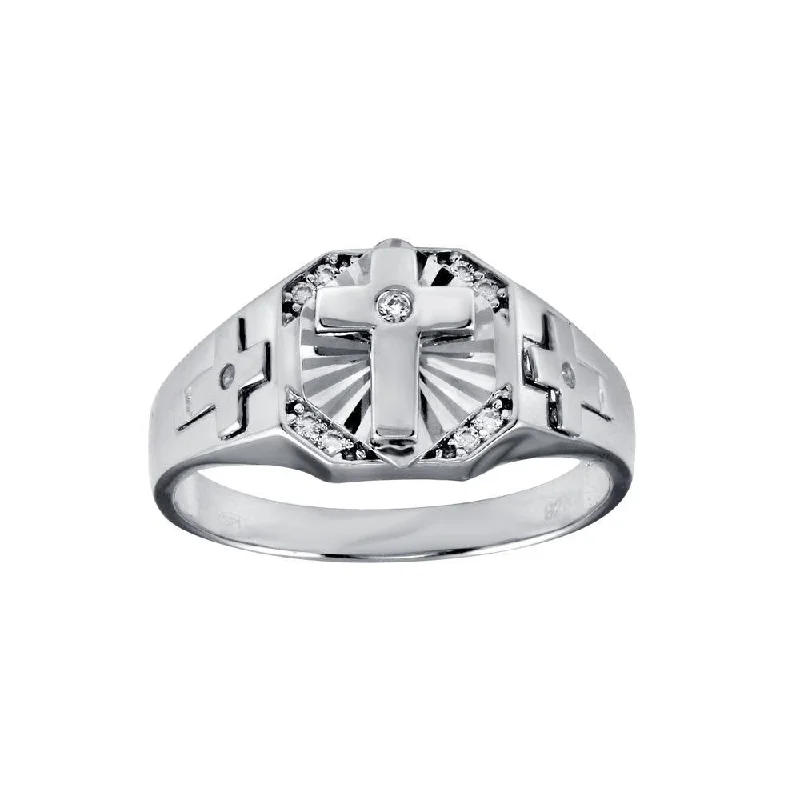 Rhodium Plated 925 Sterling Silver Cross CZ Ring - GMR00318