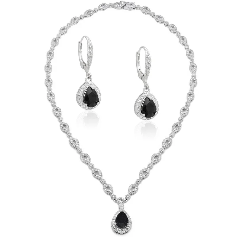 Dolce Giavonna Silver Overlaid Brass Sapphire/ Diamond Accent Teardrop Necklace with Bonus Dangle Earrings