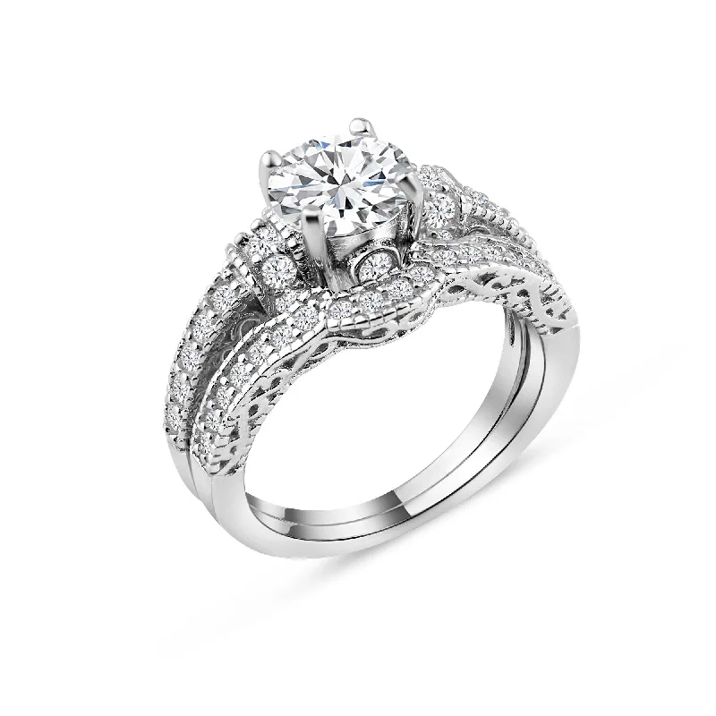 Silver 925 Rhodium Plated Pave Round Center Clear CZ Engagement Ring Set - ACR00024