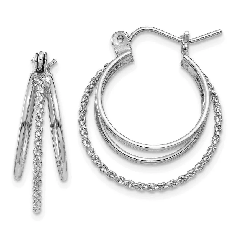 Curata 14k White Gold 8x19mm Polished and Textured Circle Triple Hoop Earrings