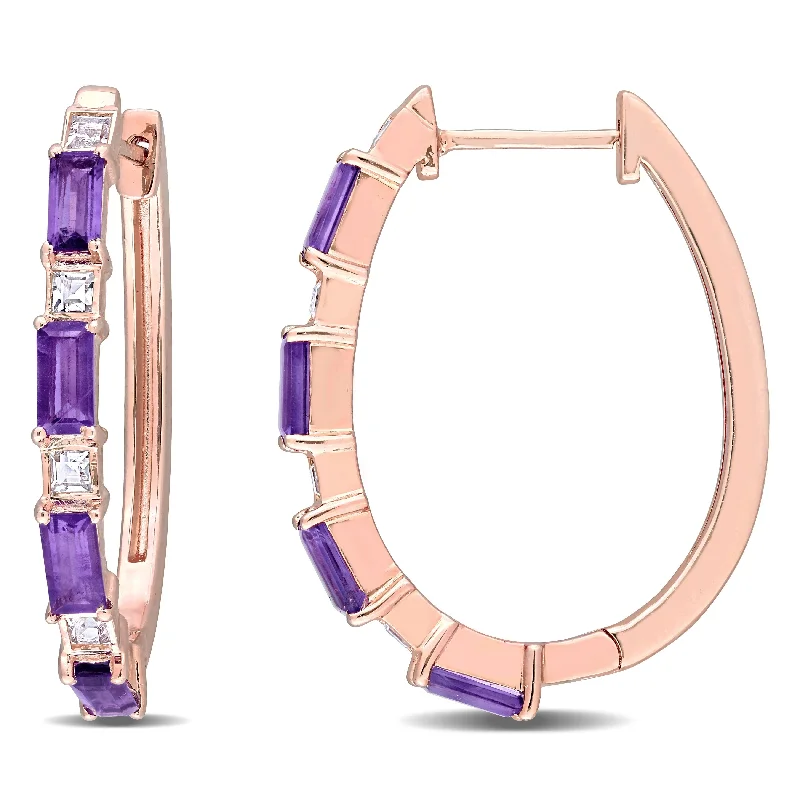 Miadora Rose Plated Sterling Silver Baguette-cut African-Amethyst & White Topaz Oval Hoop Earrings - 29.2mm x 3.3mm x 22.8mm