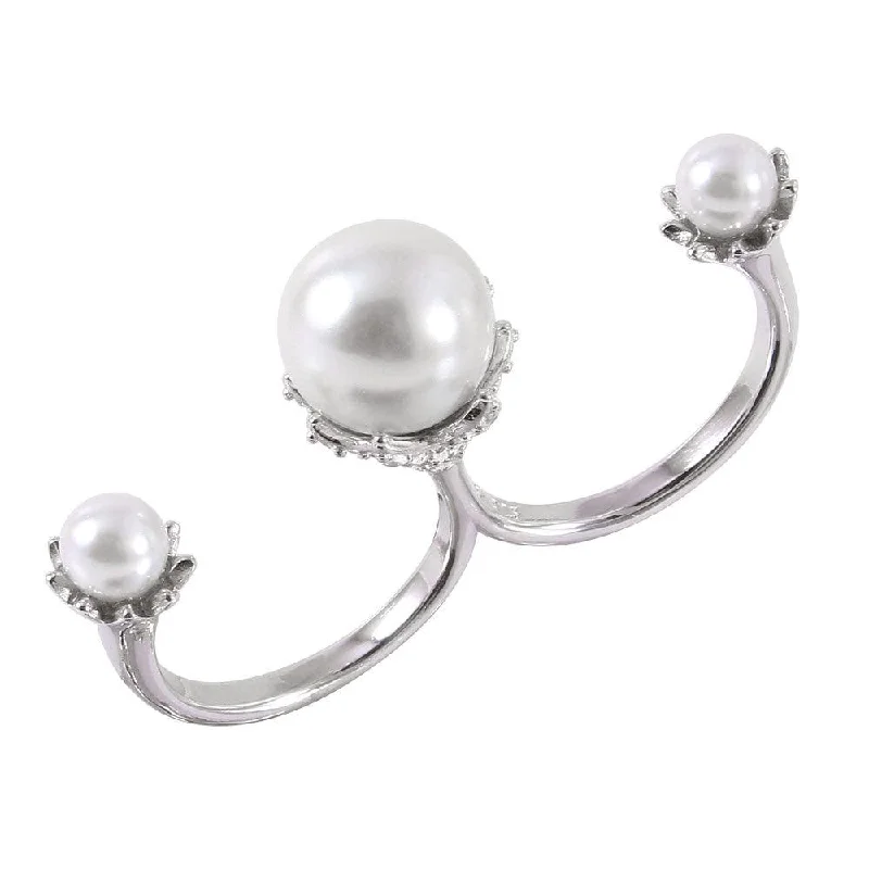 Silver 925 Rhodium Plated Two Finger Open Ring with 3 White Synthetic Pearls - BGR00981