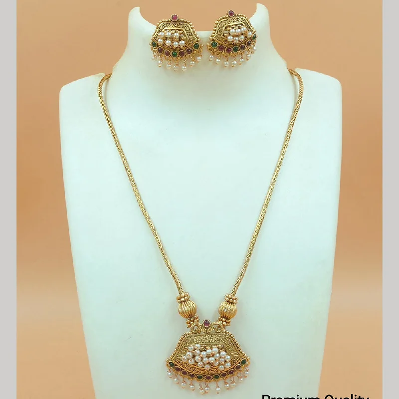 Joyful Jewel Art Matte Gold Plated Pota Stone And Pearls Long Necklace Set