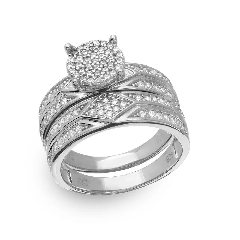 Silver 925 Rhodium Plated Round Pave Center Trio Bridal Ring - GMR00162