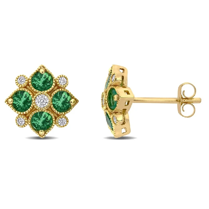 Miadora 14k Yellow Gold Emerald and 1/8ct TDW Diamond Floral Geometric Cluster Stud Earrings