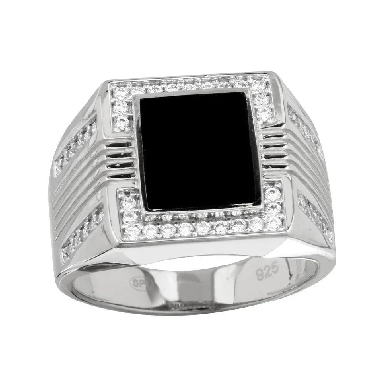 Rhodium Plated 925 Sterling Silver Men's Square Flat Onyx Ring with CZ - GMR00252RH