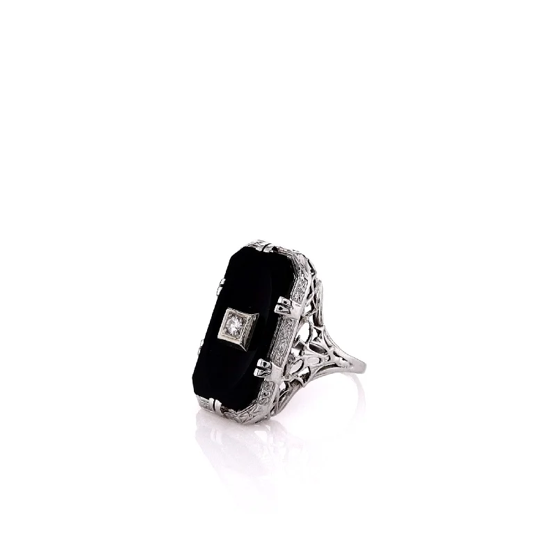 Estate 18k White Gold Filigree Onyx and Diamond Ring