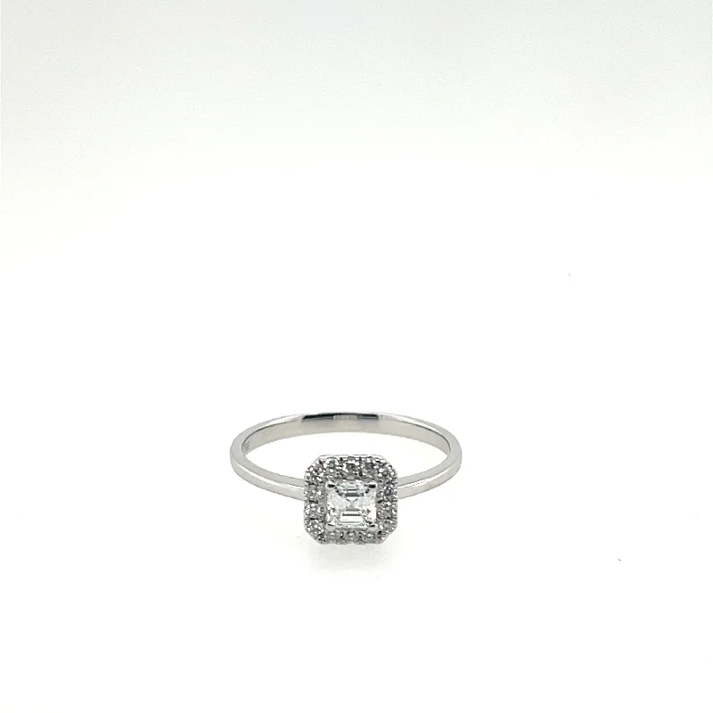 14K White Gold Asscher Halo Diamond Ring