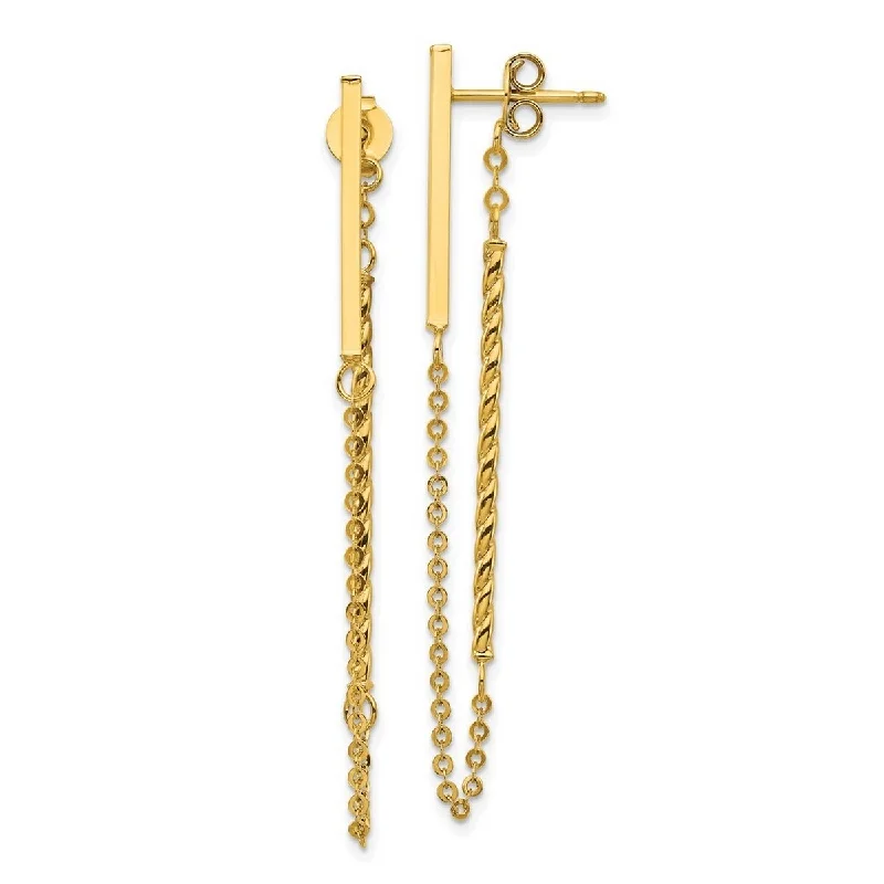 Curata 14k Yellow Gold Polished and Twisted Stick With Chain Post Earrings - 56x1.5mm