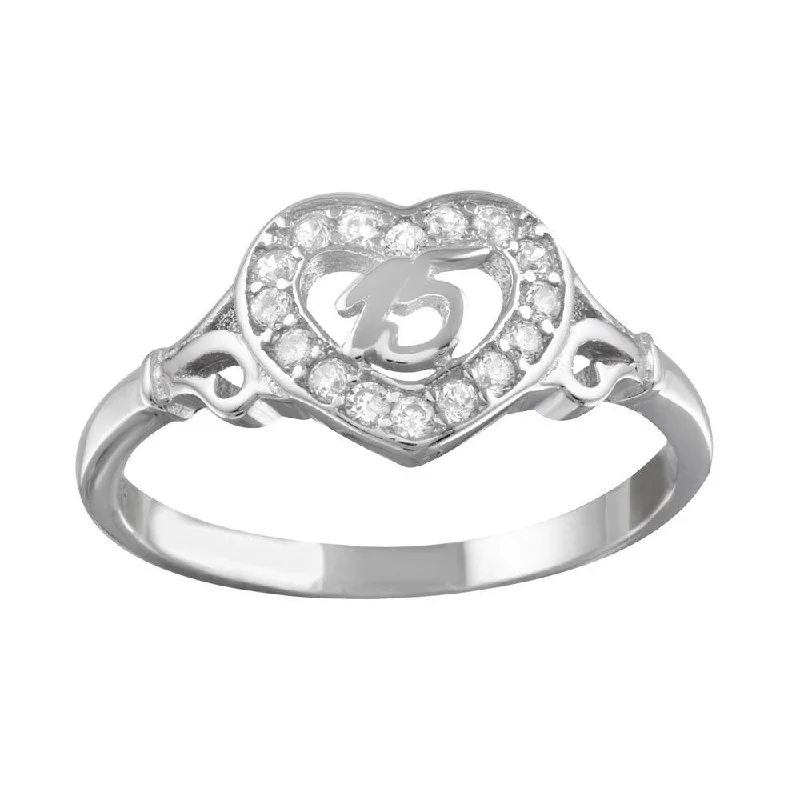 Rhodium Plated 925 Sterling Silver Heart 15 Ring with CZ - TMR00002