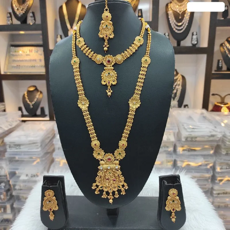 Heera Jewellers Gold Plated Pota Stone Double Necklace Set