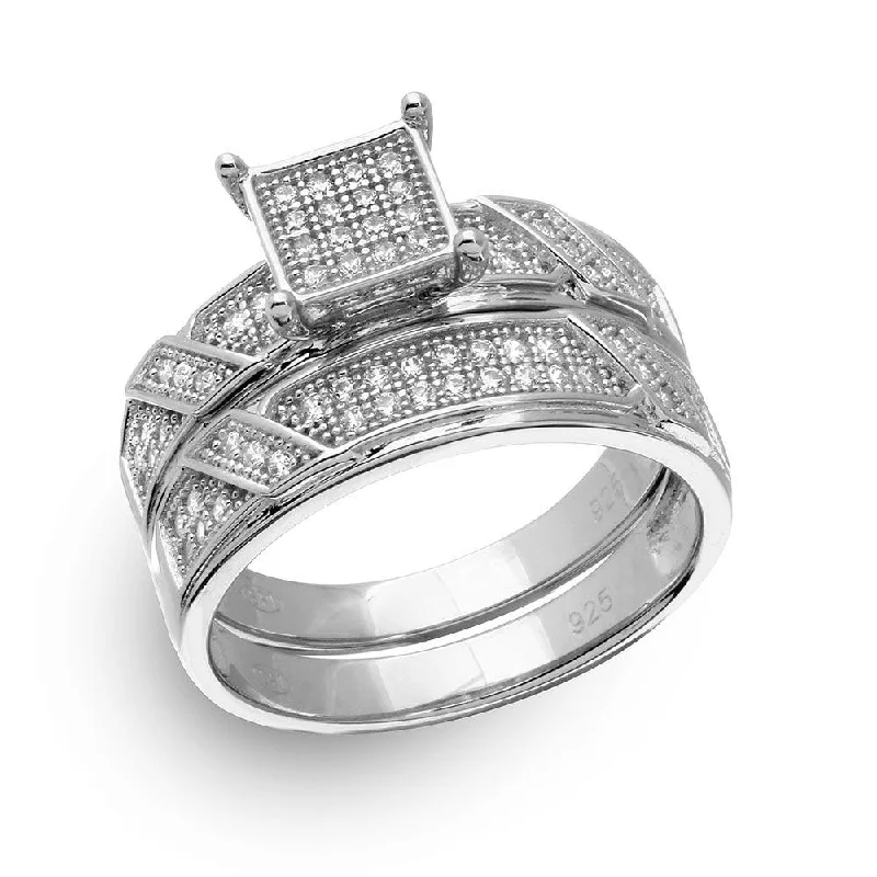 Silver 925 Rhodium Plated Square Pave Center Trio Bridal Ring - GMR00150