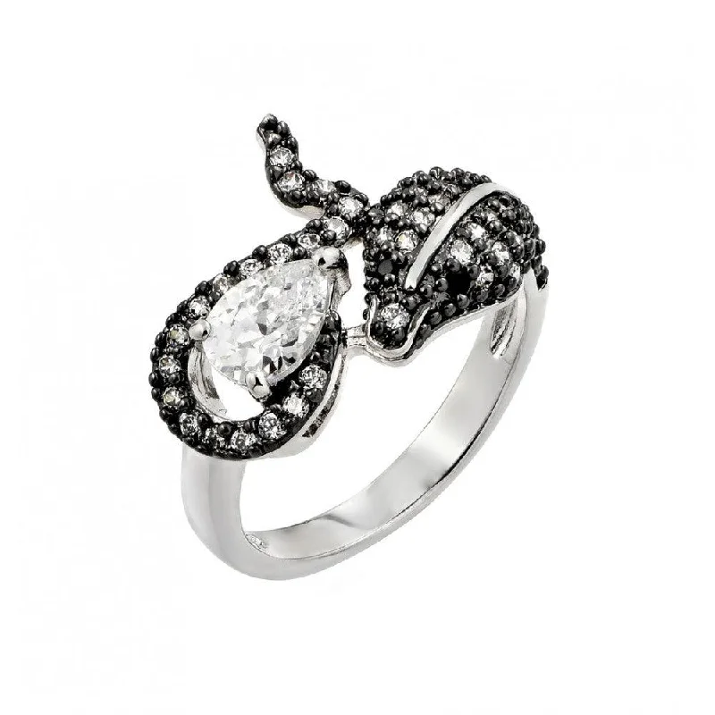 Silver 925 Rhodium and Black Rhodium Plated 2 Toned Clear and Black CZ Snake Ring - BGR00776